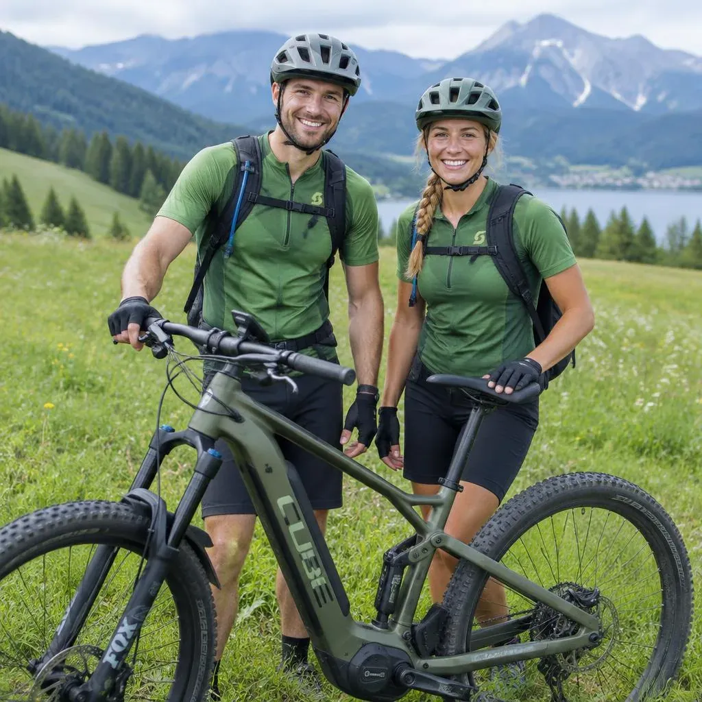Two cyclists in a meadow