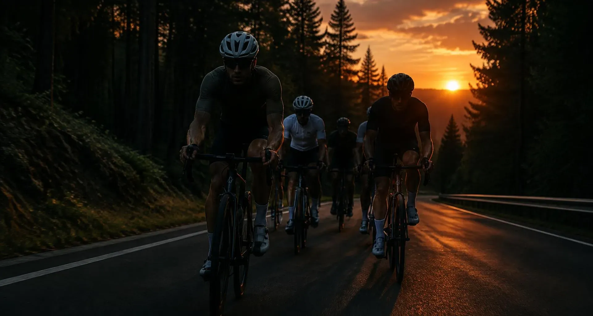 Cyclists riding at sunset