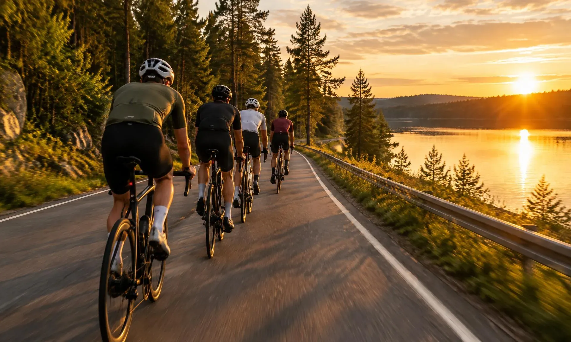 Group of cyclists riding along a forest road at sunset